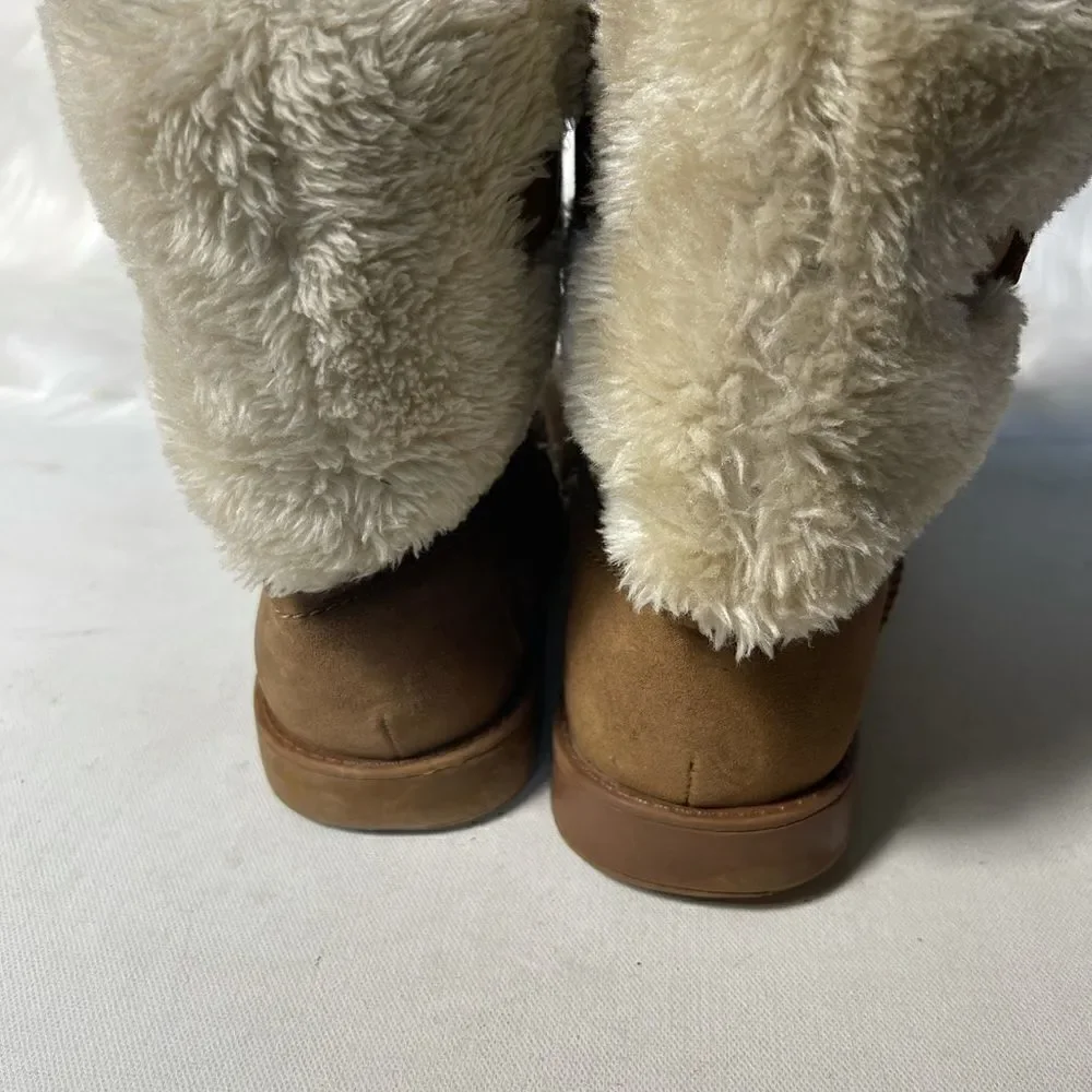 G by Gess tan suede faux fur ankle boots with side buckle slip on.
